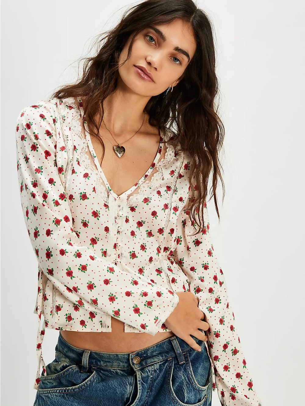 Free People Cream Floral Lace-Trim Blouse with Red Rose Print